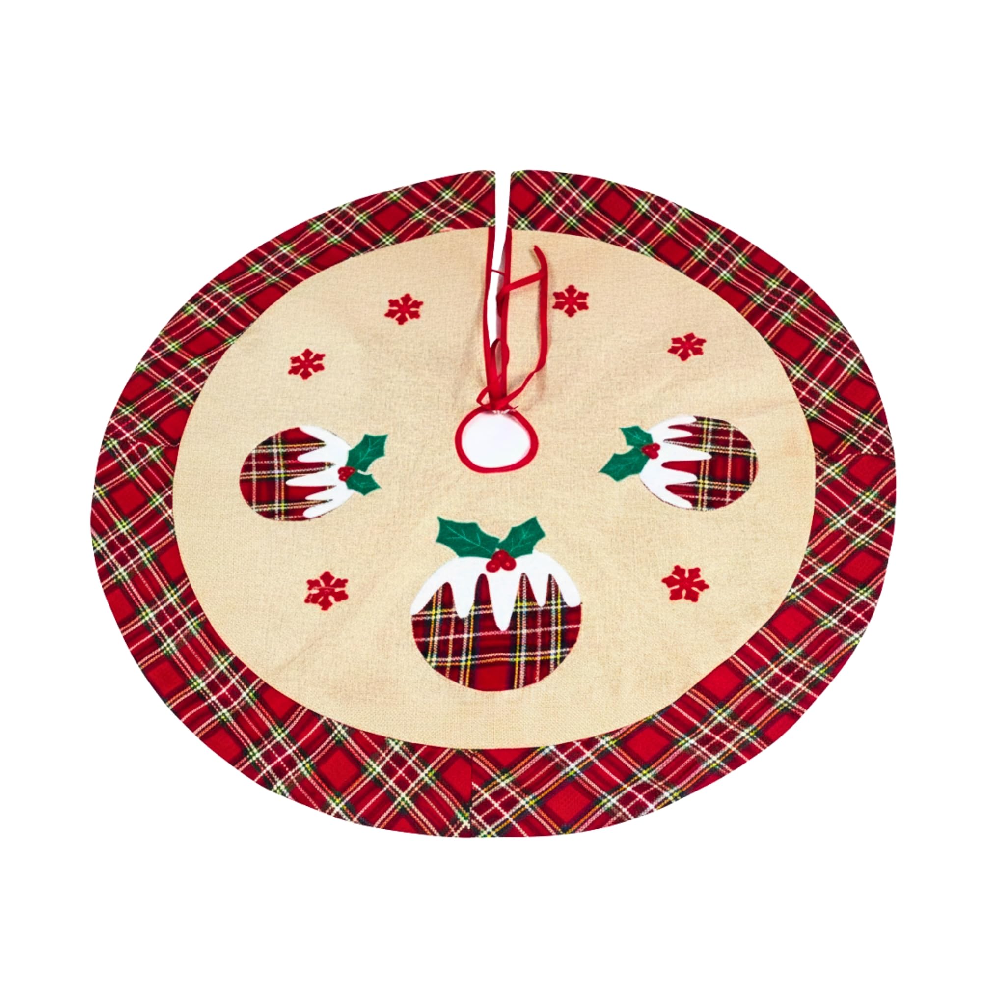 86cm Christmas Pudding Tree Skirt, Burlap Hessian Linen Xmas Tree Base Cover with Snowflake Printed Design, Hook and Loop Fastening, Decorative Floor Mat for Holiday Home and Festive Decorations