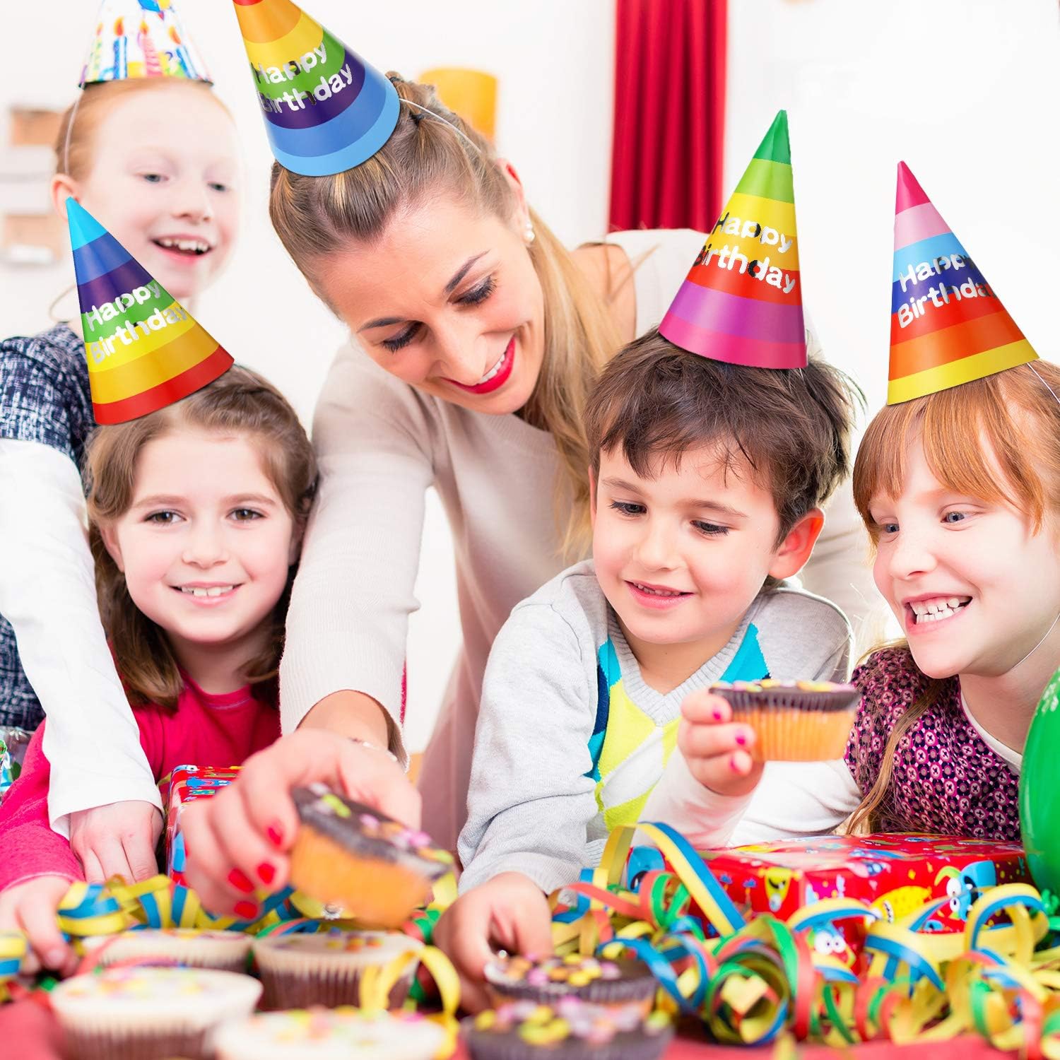 20 Pieces Rainbow Birthday Party Hats Adorable Party Cone Hats with Colorful Happy Birthday Banner for Adults Kids Birthday Party Decorations: Toys & Games