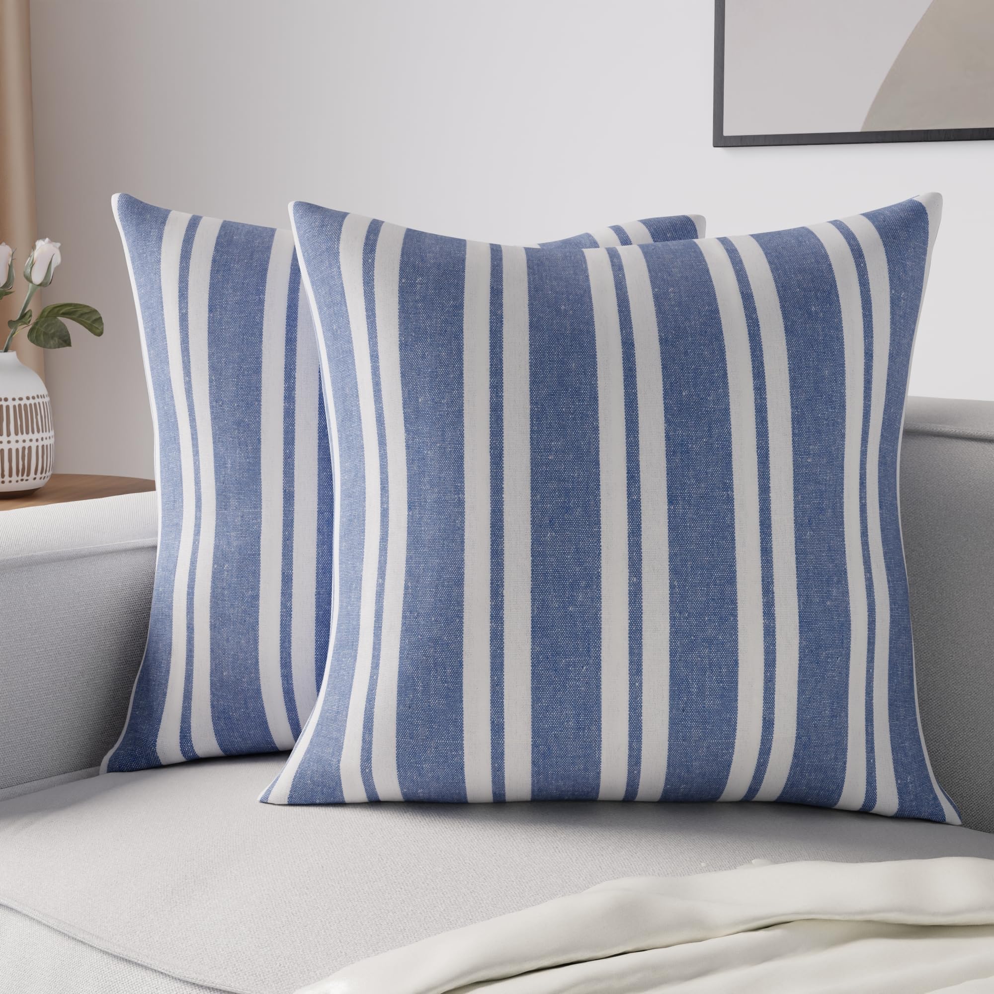 Encasa XO Cushion Covers 2 pcs set (40x40 cm) - Franca Blue Stripes - Decorative Large Square Colourful Washable Eco - Cotton, Throw Pillow Cases for Living Room, Sofa, Bedroom, Home & Hotel