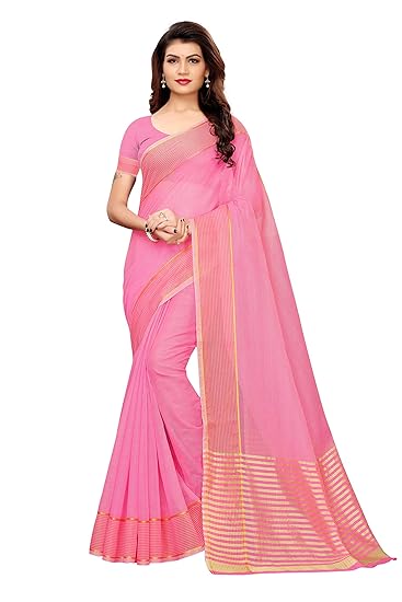 cotton with blouse piece Saree (CLUB-PINK IND Free Size)