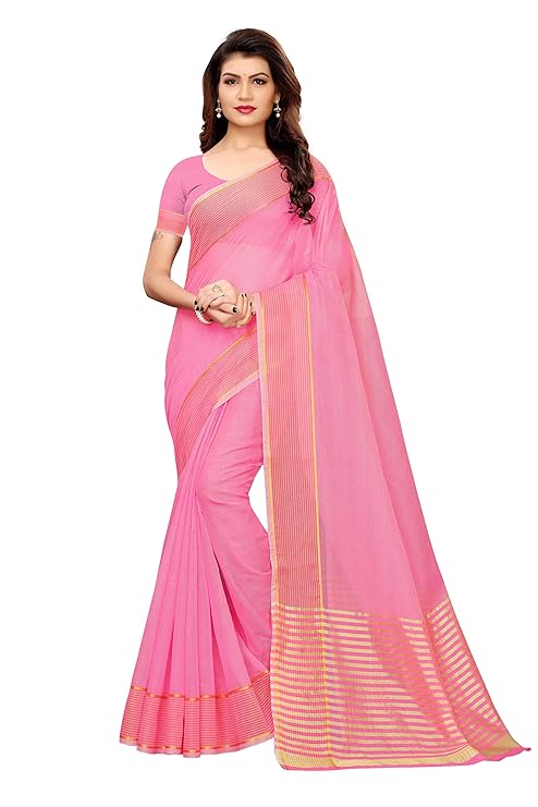 cotton with blouse piece Saree (CLUB-PINK IND Free Size)