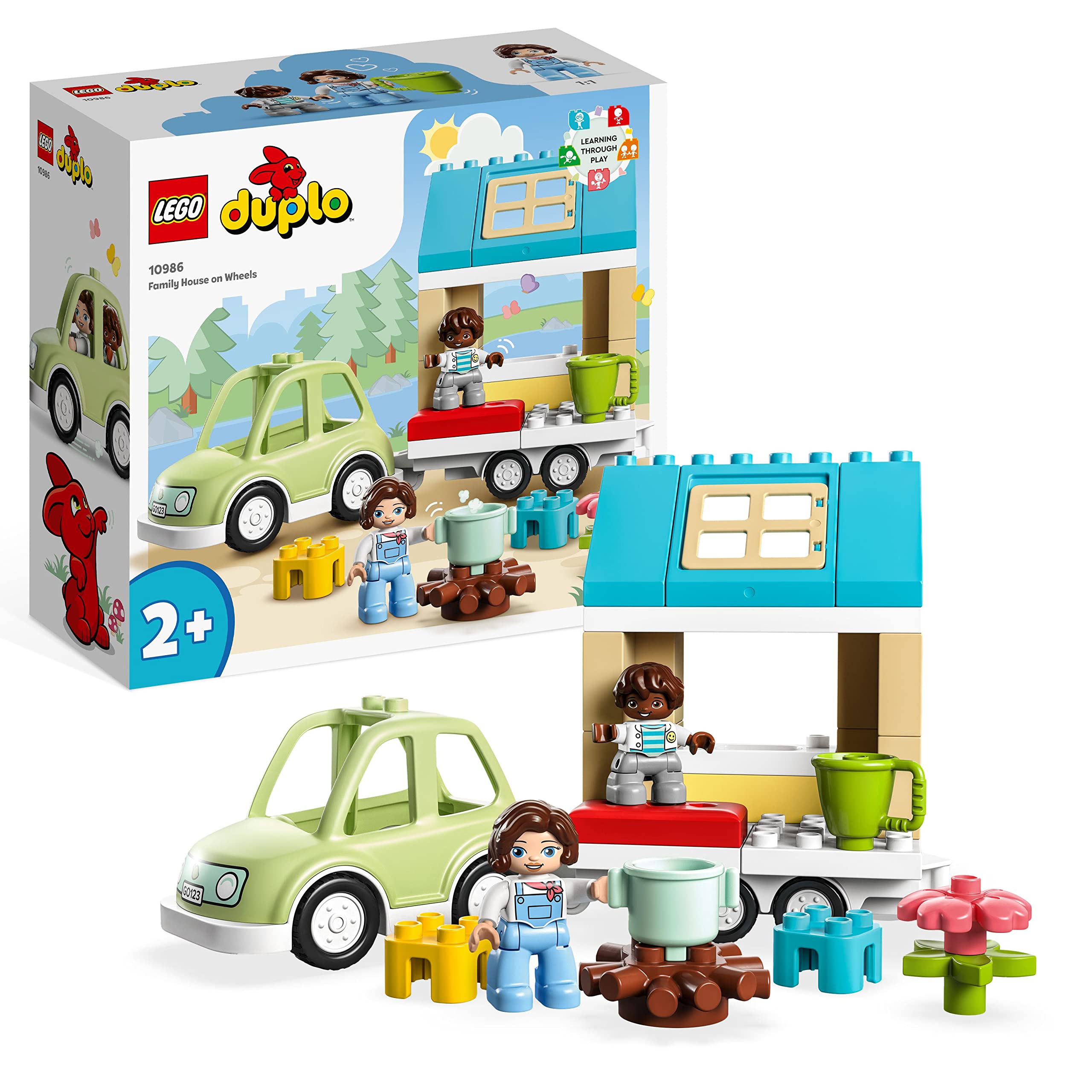 LEGO DUPLO Family House on Wheels with Toy Car for Toddlers 2 Plus Year Old Boys and Girls, Preschool Learning Toys, Large Bricks Camping Set 10986