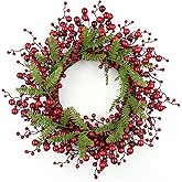 J'FLORU Artificial Christmas Wreath 20 Inch Chirstmas Wreaths for Front Door Red Berry Wreath with Pine Needles for Porch Fireplace Xmas Winter Holidays