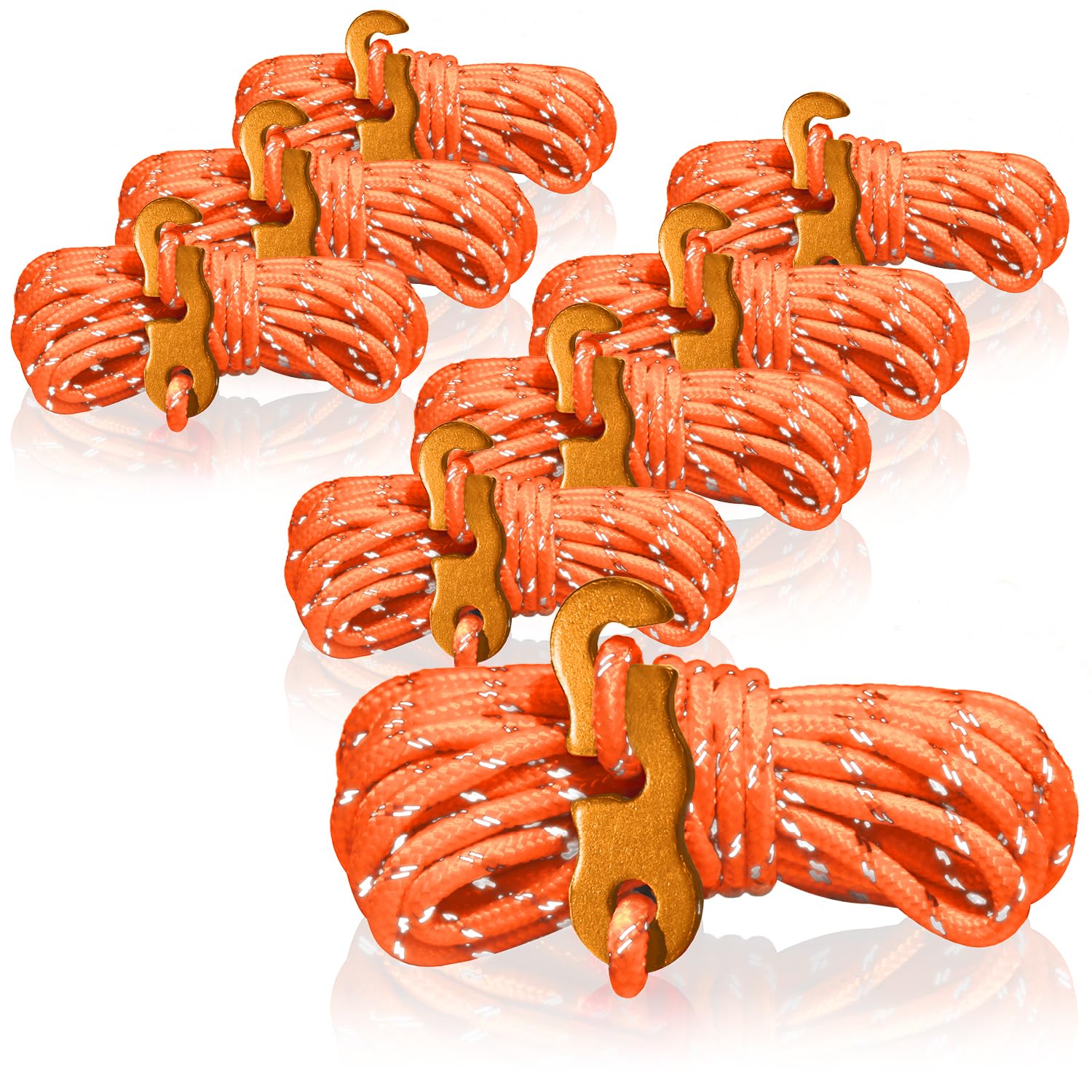 COM-FOUR® 8x guy ropes, each 4m for camping, reflective in orange - tent cord with aluminum buckle - tension cord - camping cord - rope tensioner - tent rope - storm strap