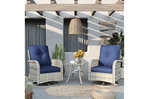 Muphyers Patio Rocking Swivel Chair Outdoor Wicker Rattan Bistro Set with Tempered Glass Side Table, Outdoor Patio Furniture Set for Garden, Deck, and Balcony, Blue
