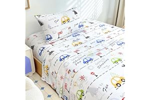 Homilay Twin Sheets Set Kids - 3 Piece Car Sheets for Boys, Girls, Teens, Toddler, Easy Fit Deep Pockets, Breathable, Wrinkle-Free, Cozy Soft Cartoon Print Cute Bed Sheets
