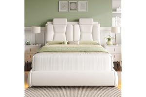 KEYLUV Full Upholstered Led Bed Frame with Wheels Decor & Adjustable Curved Headboard Modern Car-Shaped Platform Bed with Detachable Pillows Solid Wooden Slats Support No Box Spring Needed, Velvet Beige