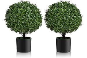 POZOY Set of 2 Pack Artificial Boxwood Topiary Ball Trees 21.6'', Outdoor Faux Shrubs with UV Resistant, Lasting Evergreen Bushes Potted Plants for Indoor, Front Porch, Garden Decor