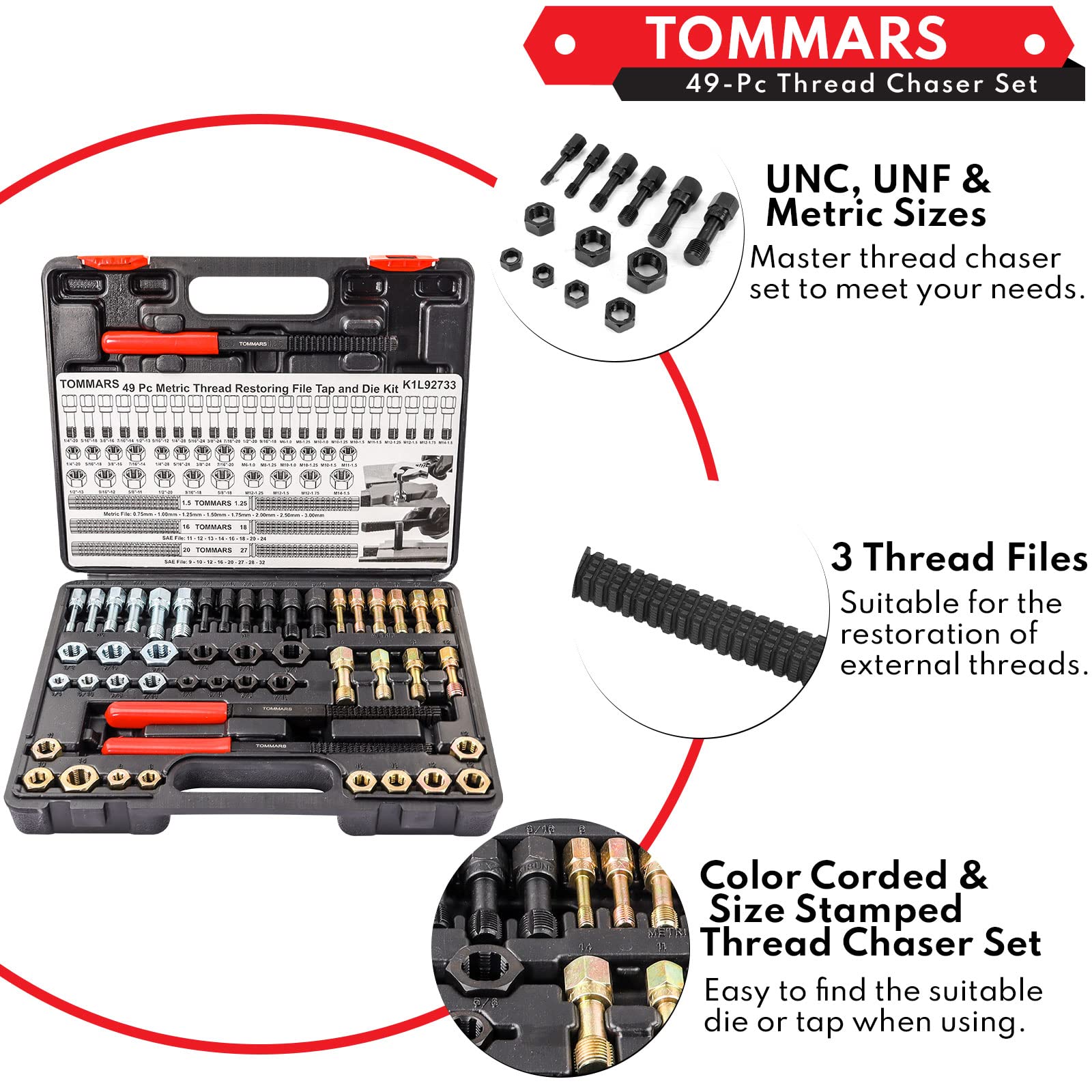 TOMMARS 49-Piece Thread Chaser Set Repair Kit, UNC UNF & Metric with Taps, Dies, and Thread Files for Rethreading and Restoration