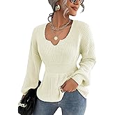 Veatzaer Womens V Neck Sweaters Fall Trendy Casual Long Lantern Sleeve Ribbed Knit Pullover Sweater Tops
