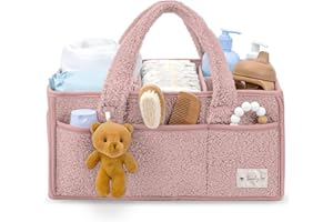 Sweety Fox Baby Diaper Caddy Organizer with Handle - Portable Sherpa Nursery Basket - Car Diaper Organizer, Cleaning Caddy, Gift for Baby Shower - Pink