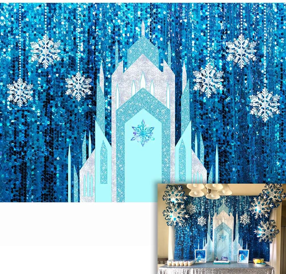 Allenjoy 7x5ft Ice Castle Backdrop Winter Snowflake Blue Sequin Curtain (No Glitter) Photography Background Girl Birthday Baby Shower Party Supplies Decoration Cake Table Banner Photo Booth Prop : Camera & Photo