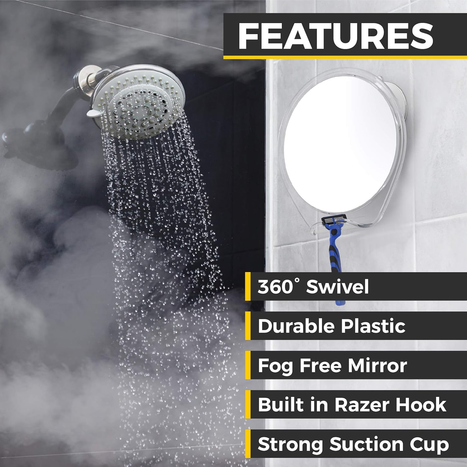 HoneyBull Shower Mirror for Shaving Fogless with Suction, Razor Holder & Swivel (White) : Beauty