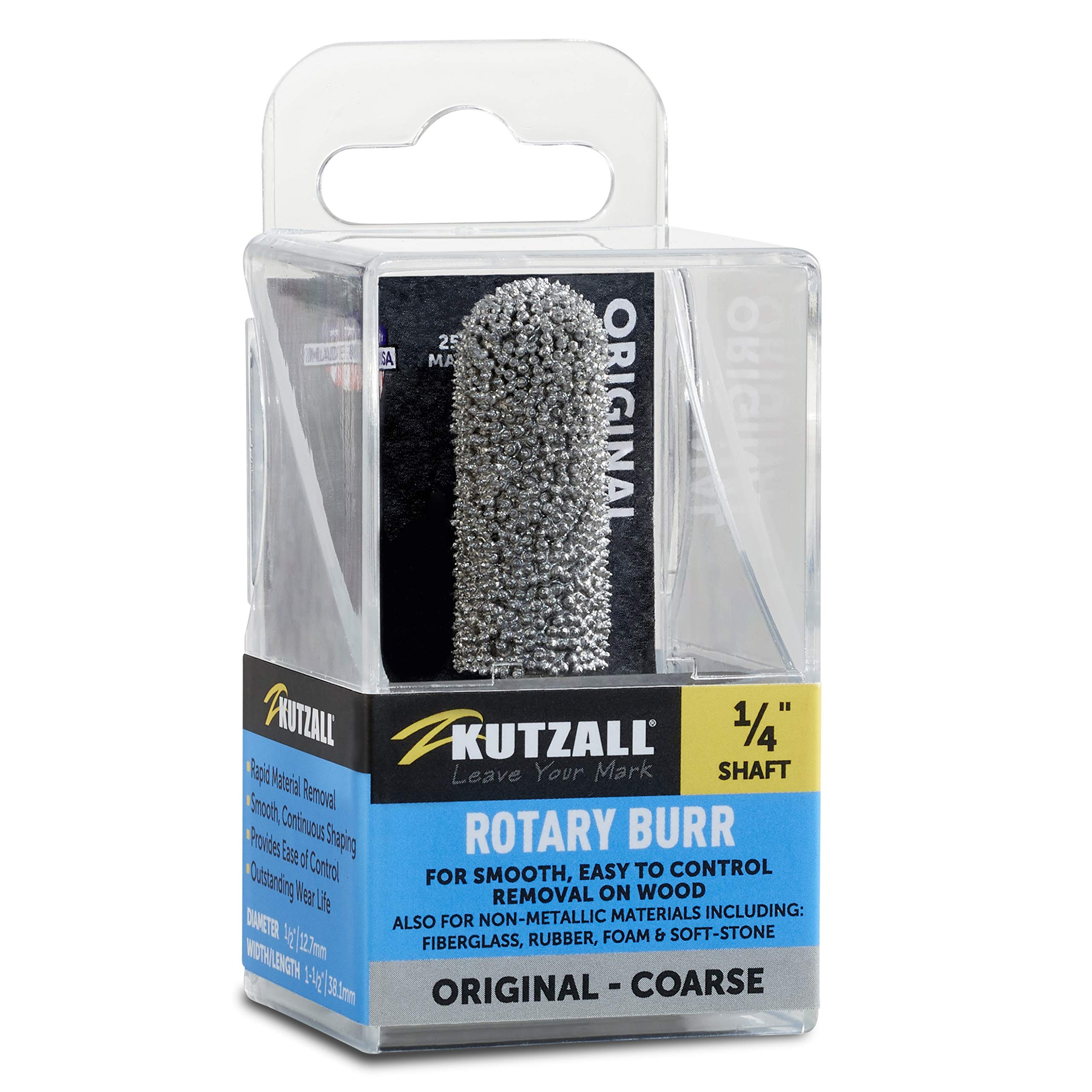 Kutzall Original Ball Nose Rotary Burr, 1⁄4" Shaft, Coarse - Woodworking Attachment for Bosch, DeWalt, Milwaukee, etc. Abrasive Tungsten Carbide, 1⁄2" (12.7mm) Dia. X 1-1⁄2" (38.1mm) Length, BN-12X112