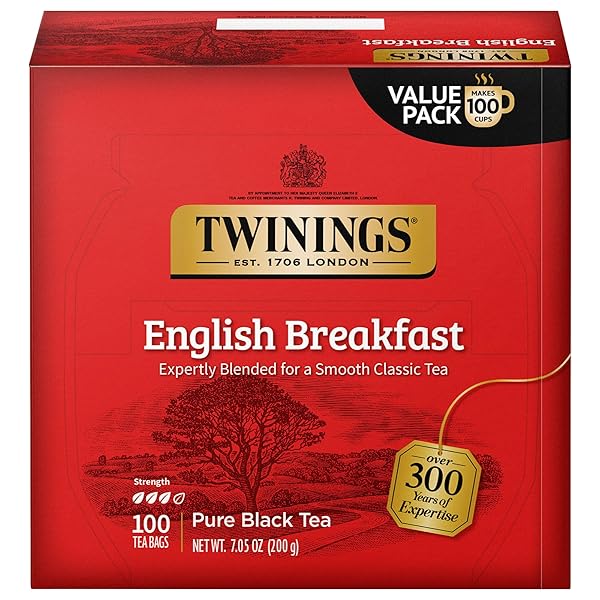 TWININGS ENGLISH BREAKFAST BLACK TEA INDIVIDUALLY WRAPPED BAGS, 100 COUNT (PACK OF 1), SMOOTH, FLAVOURFUL, AND ROBUST, CAFFEINATED, ENJOY HOT OR ICED | PACKAGING MAY VARY