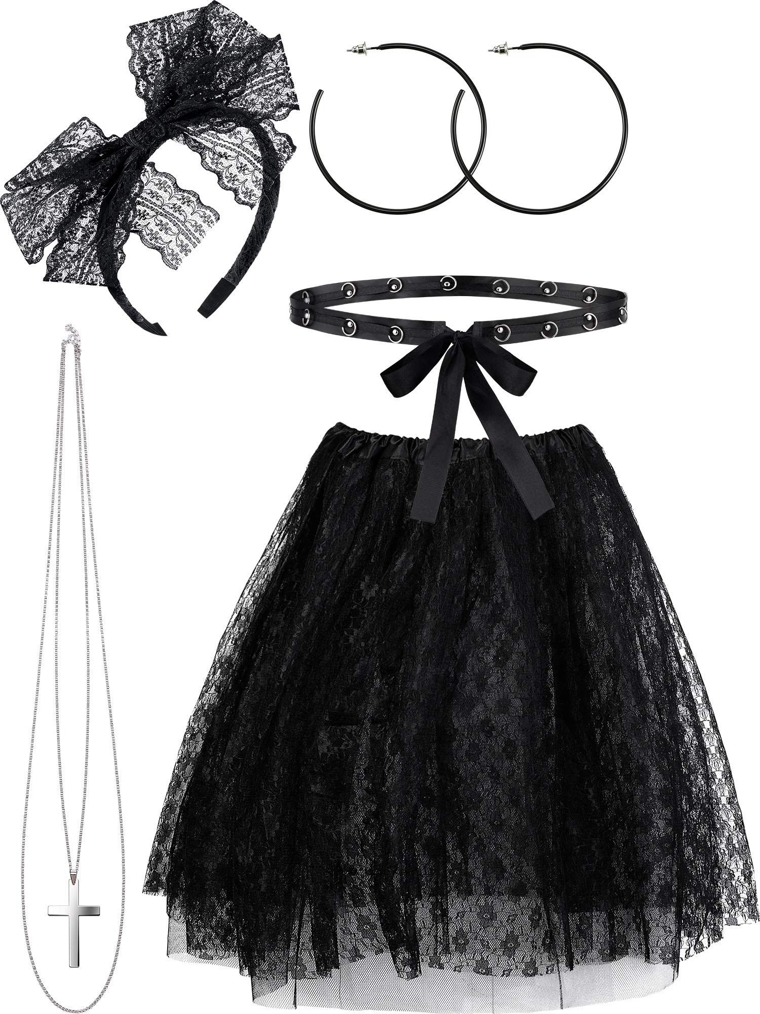 Photo 1 of Hicarer 5 Pieces Women 80's Lace Costumes Accessories Set Tutu Skirt Earring Necklace Headband for Star Cosplay Retro Party