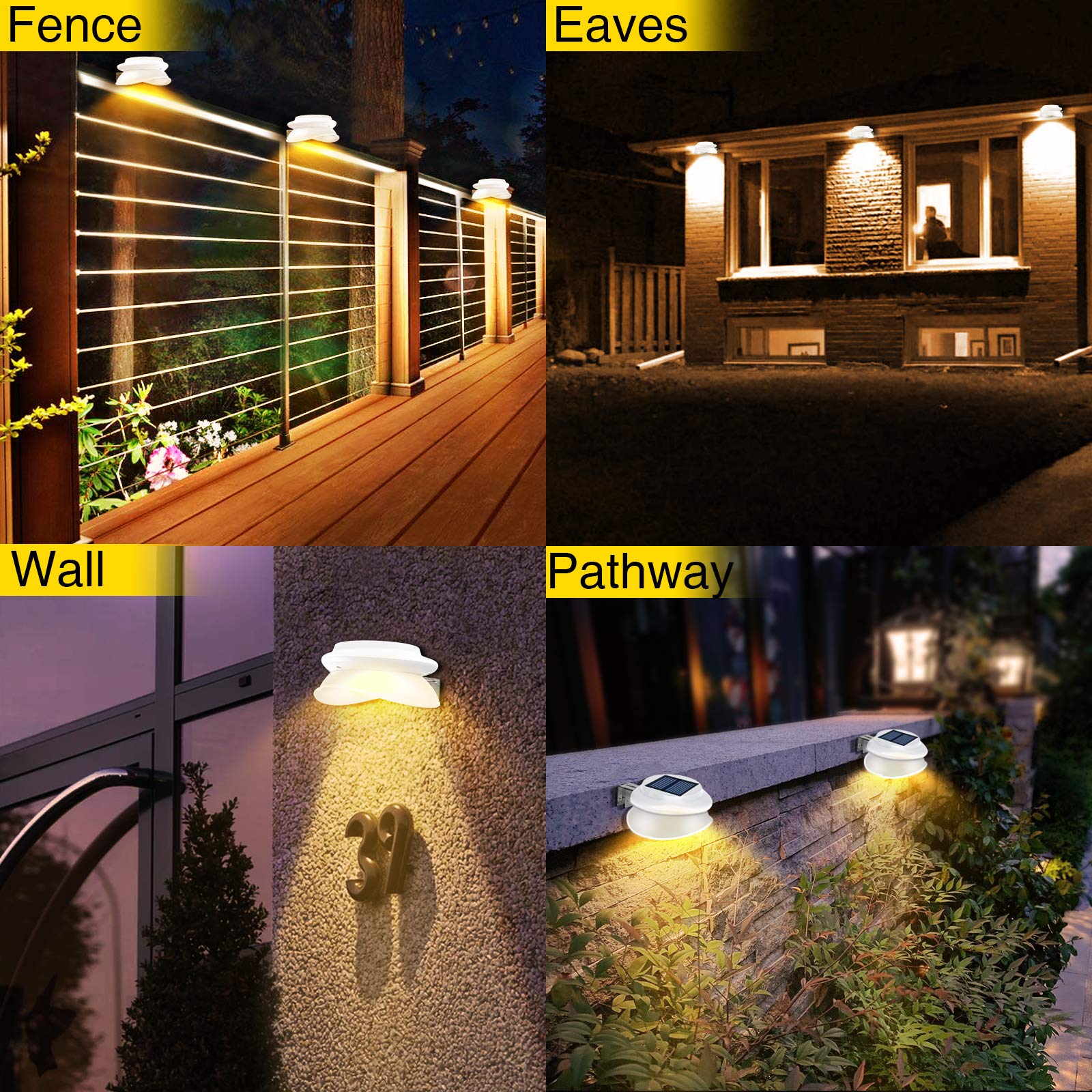 ROSHWEY Backyard Lights Outdoor, 6 Pack Solar Fence Lights with 9 LED Waterproof Outdoor Wall Gutter Light for House Eaves Deck Railing Garden Landscape Yard (Warm White)