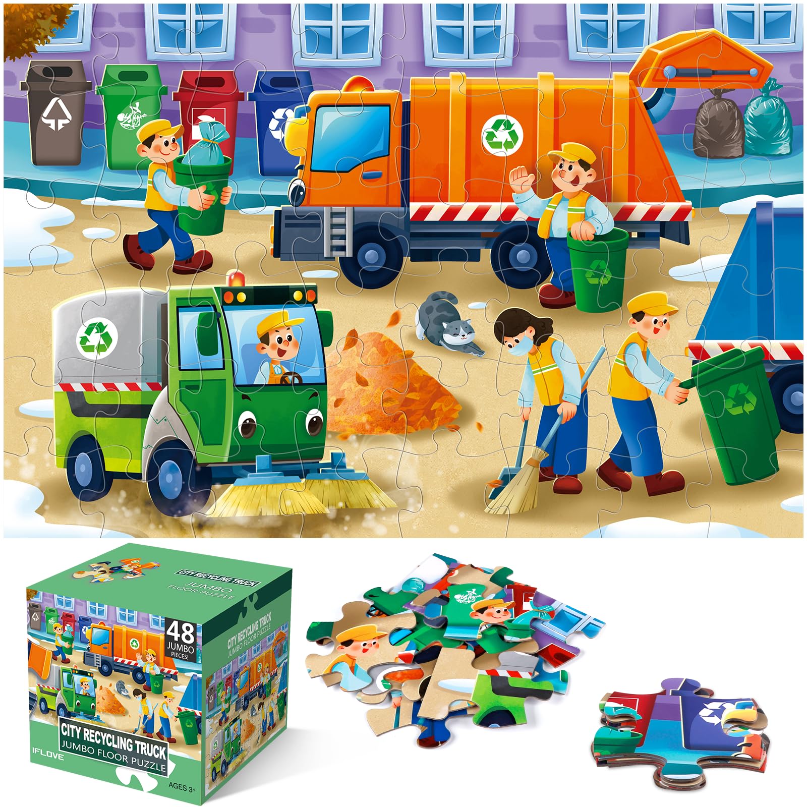Photo 1 of Jumbo Floor Puzzle for Kids,Recycling Garbage Truck Jigsaw Large Puzzles,48 Piece Trash Truck Vehicle Puzzle for Toddler Ages 3-5,Children Learning Preschool Educational Toys,Gift for 4-8 Years Old