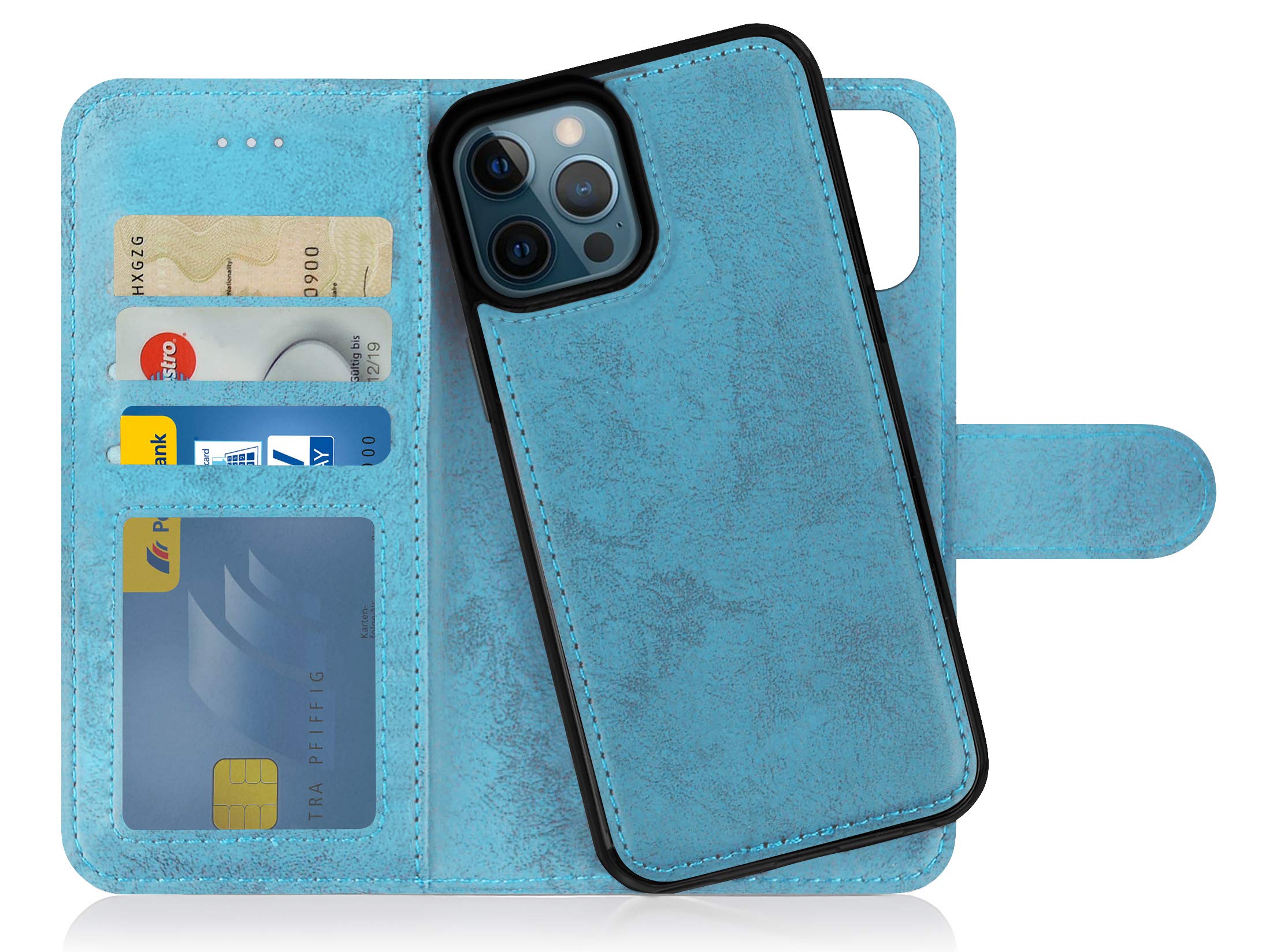 MyGadget Flip Case for iPhone 12 Pro Max - [ Removable Magnetic Cover ] - PU Leather Phone Case - [ Cover with Card Slot ] Protective Shell in Light Blue