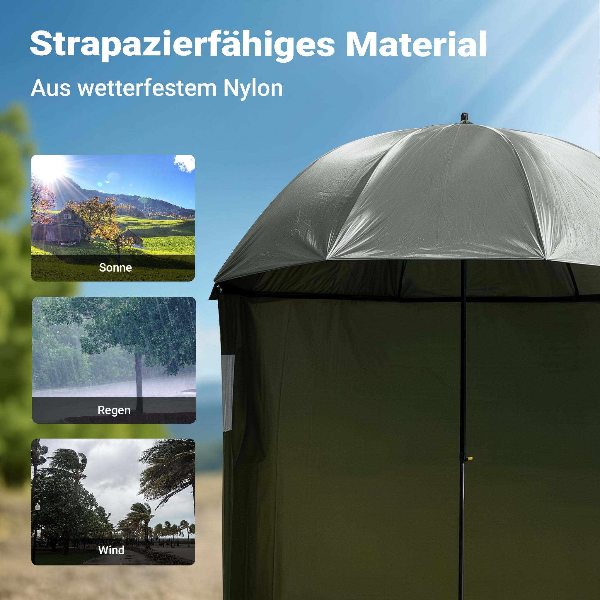 Wiltec Angelschirm 250cm mit Seitenwand und zwei Sichtfenstern Schirmzelt als Windschutz beim Angeln Regenschirm Angel Schirm Zelt Sonnenschirm 4