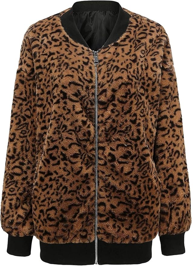 Womens Leopard Print Long Sleeve Bomber Jacket Zipper Winter Faux Fur