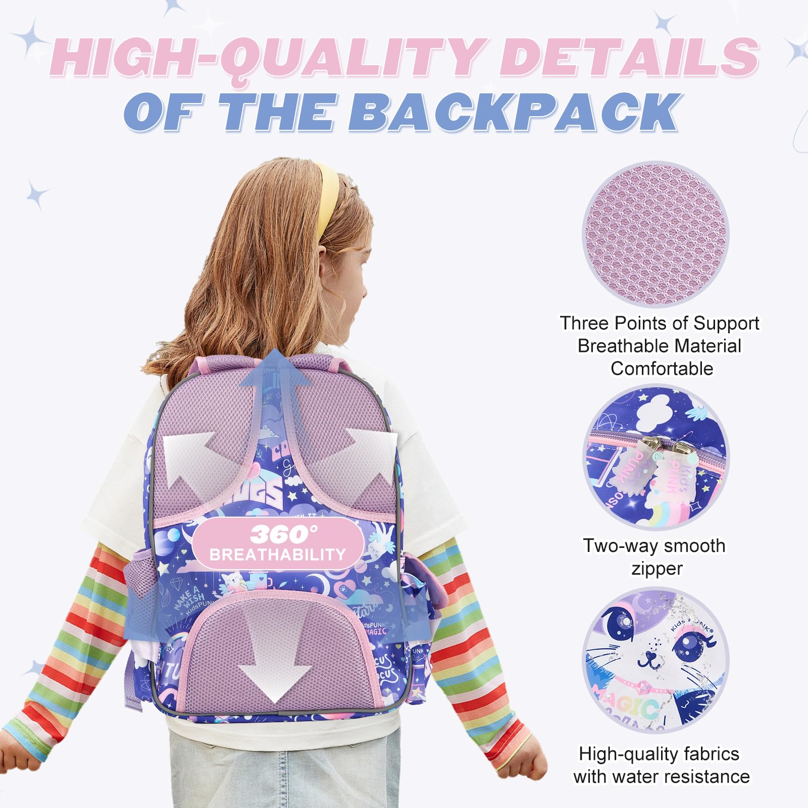 Girls Backpack Kids Backpacks for Girls Cute Cat Backpack Kawaii Backpack for Preschool Elementary Kindergarten,Light Purple Color,Large Capacity,16 Inch