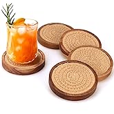 5 Pcs Best Absorbent Wooden Coasters Set - 4 Inches Brown Woven Coaster Modern Acacia Wood Coasters for Drinks, Coffee Table Decor, Farmhouse, Bar, Office, Beer, Kitchen, Dining Room, Outdoor, Desk