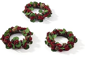 LampLust Winter Candle Rings, Set of 3 Mini Wreaths With Pine Cones & Red Berries, Fit 3 Inch Pillar Candles, Table Decor, Farmhouse Mantel Decor