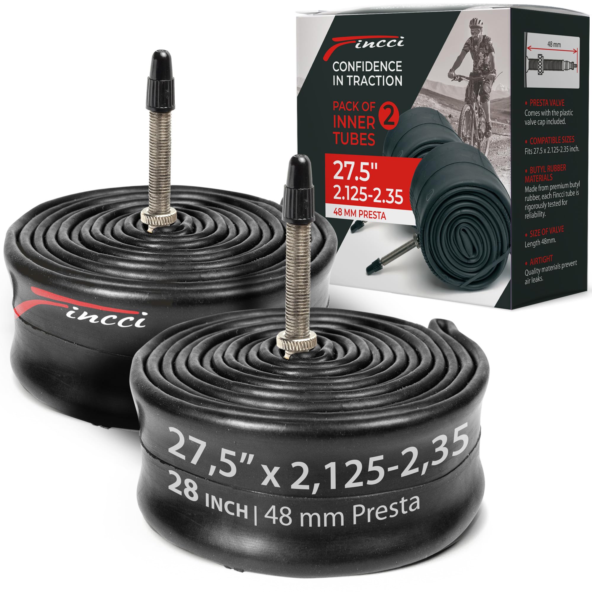 Fincci Bike Inner Tubes 27.5 inch - Pair MTB Bike inner Tube 27.5 x 2.10 x 2.2x 2.3 x 2.35 with 48 mm Presta Valve - Pack of 2 accessories for Mountain, Road, Downhil, Hybrid & Electric Bicycles