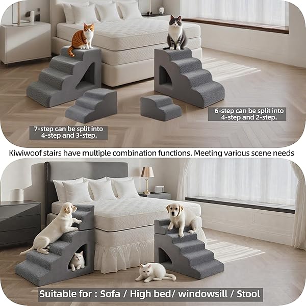 7 STEP PET STAIRS RAMP FOR HIGH BEDS SOFAS 22-42 INCH, NON-SLIP DOG STAIRS FOR SMALL OLD MEDIUM LARGE XL DOGS CATS, STURDY 75 POUNDS 33D FOAM BALANCED 6-TIER LADDER WITH MACHINE WASHABLE COVER