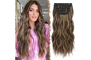 FESHFEN Clip in Hair Extensions 4 PCS Honey Blonde Mixed Light Brown Thick Highlighted Hair Piece Long Wavy Clip in Extensions Full Head Synthetic Hair Extension for Women, 20 Inch