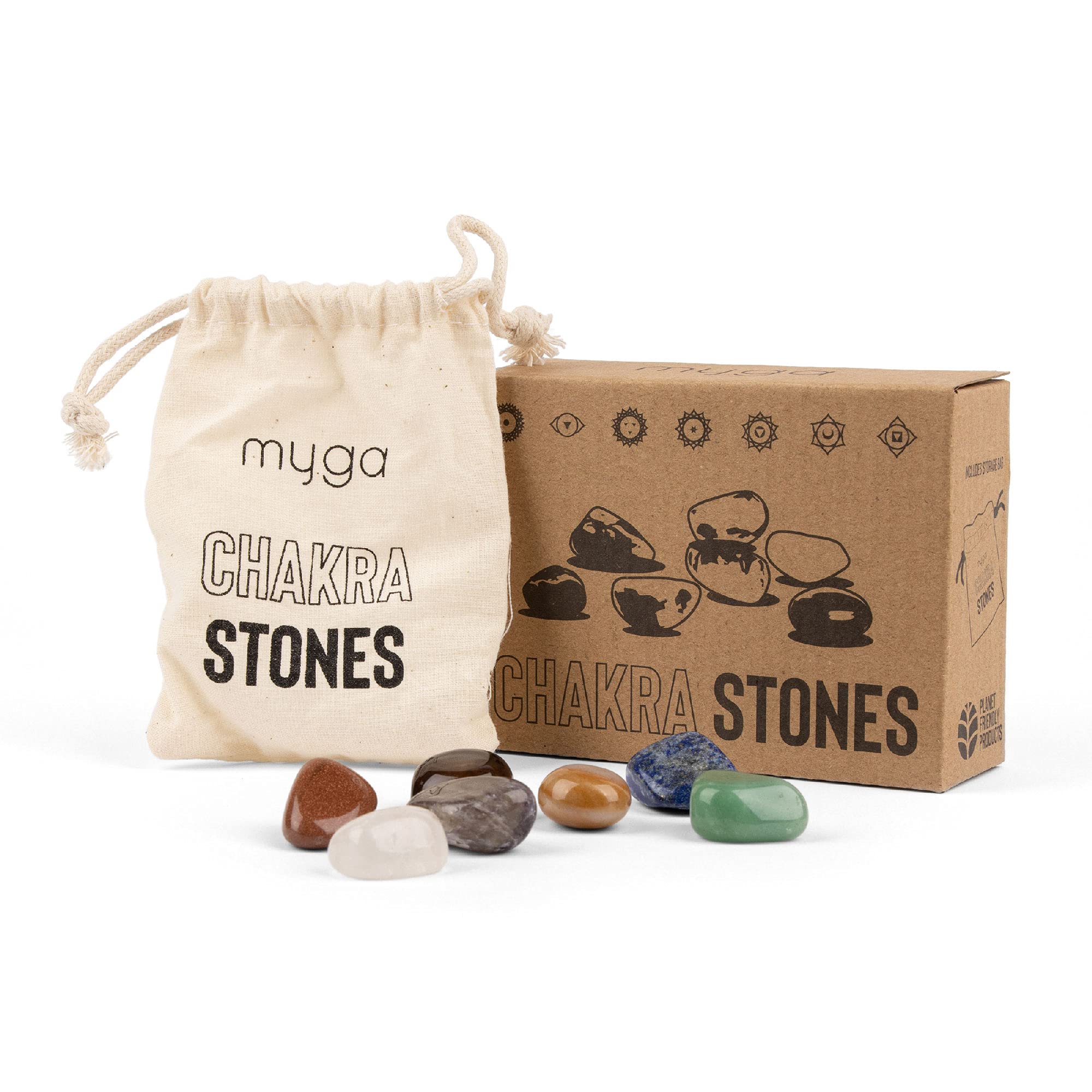 Myga Chakra Stones Natural Healing Crystals - Set of 7 Chakra Healing Stones Set - Palm Thumb Pocket Stones for Meditation & Reiki - Worry Stones with Storage Bag