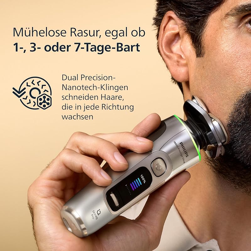 Rasierer i9000 Prestige Ultra für Herren, Nass- und Trockenrasur, chrom, Druck- und Bewegungssensor, 5+1 Bartstyler, Nasenhaartrimmer, Reinigungsstation, Ladestation und Reiseetui (XP9404/38)