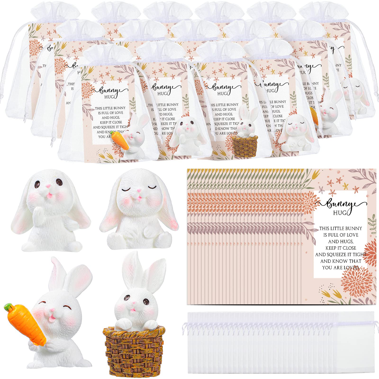 Photo 1 of Fumete 36 Set Bunny Hug Party Favors Include Miniature Bunny Cupcake Toppers Inspirational Bunny Hug Card Organza Bag Gifts for Bunny Birthday Decorations Rabbit Autumn Baby Shower Bridal Wedding