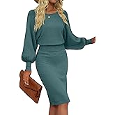 MIROL Women's Casual 2026 Long Puff Sleeve Solid Bodycon Midi Dress Ribbed Knit Oversized Pullover Sweater Dress