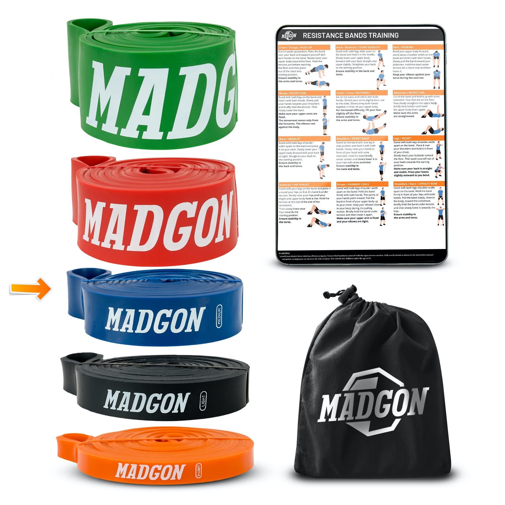 -Martial resistance bands for optimal training.Tear-resistant and durable training bands with pouch.Resistance bands for all muscle groups + training guide.Fitness band loop., SASEIL, Blau (16-38 KG), 208 cm