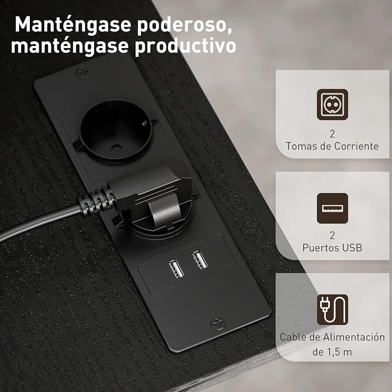 Escritorio Elevable con Ruedas, Puertos USB, 80x60 cm, Negro
