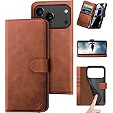 DuckSky Compatible with iPhone 17 Pro 6.3" Genuine Leather Wallet case【RFID Blocking】【4 Credit Card Holder】【Real Leather】 Flip Phone case Cover Women Men for Apple 17 Pro case Light Brown