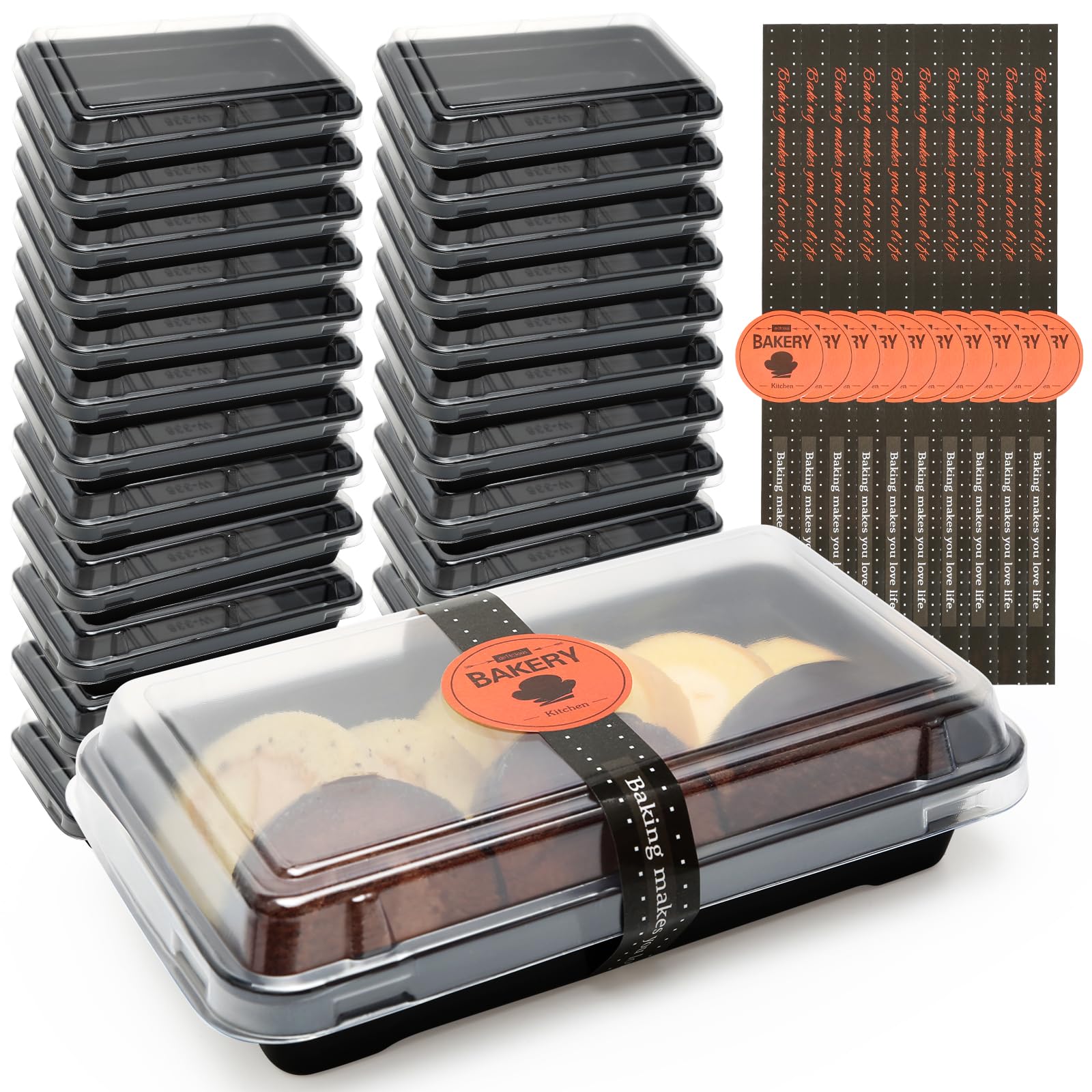 MAIXINNEW 25 Pcs Slice Cake Boxes with Lids (16x9.5x4.1cm), Small Plastic Rectangle Cakes Box, Take Away Cupcake Containers for Portions with Seal Stickers