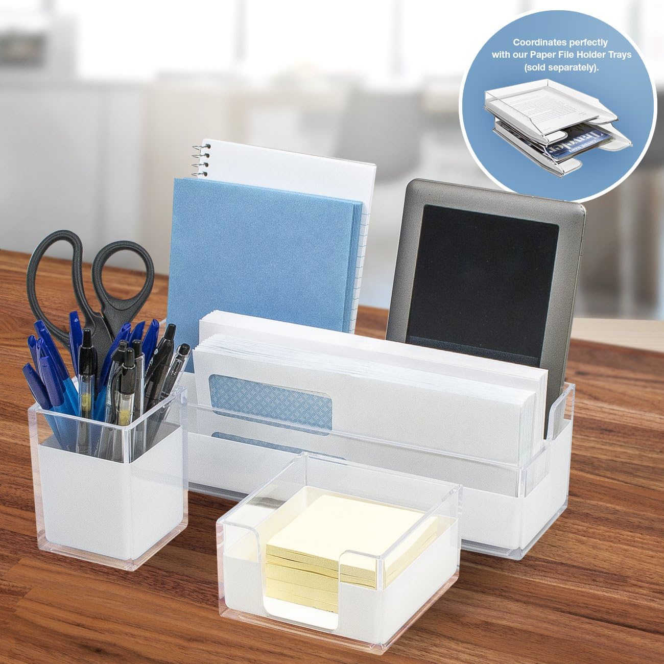 Sorbus Acrylic Desk Organizers Set – 3-Piece, Includes Desk Organizer Caddy, Memo Tray and Pen Cup, Modern Desk Accessories Organizer Great for Home or Office, White Clear (Desk Organizer Set) : Office Products