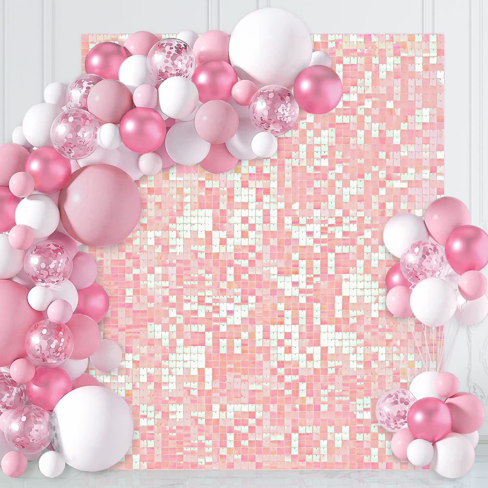 Photo 1 of Pink Iridescent Sequins Backdrop Shimmer Wall Backdrop 6ftx4ft Valentine's Day Photo Backdrops for Birthday Anniversary Wedding Engagement Decorations