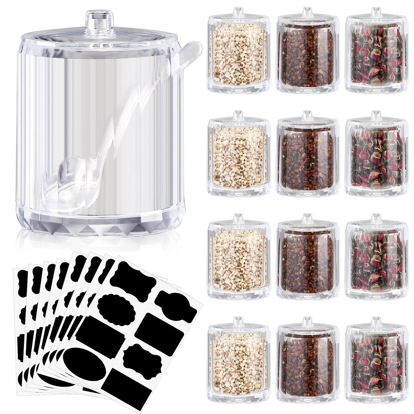 Photo 1 of Tioncy 12 Pcs Sugar Bowls with Lid and Spoon Ice Cream Hot Cocoa Chocolate Bar Supplies Acrylic Sugar Jars Candy Dispenser with Tag for Condiment Jars Seasoning Kitchen (8 oz,Clear)