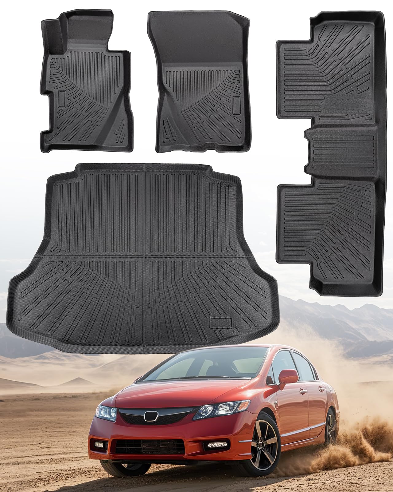 Photo 1 of Car Floor Mats for Honda Civic: 2006 2007 2008 2009 2010 2011 All Weather Rubber Black Trunk Liner Full Set Mats Fit for 5-Seat 8th Gen Civic Si Sedan (Not Fit Coupe) TPE Cutsom Automotive Accessories