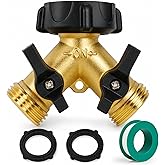 Hourleey Brass Garden Hose Splitter 2 Way, 3/4 Inch Hose Connector Tap Splitter, Hose Y Splitter, Hose Spigot Adapter 2 Valves with Extra Rubber Washers