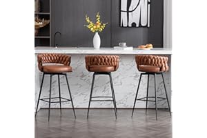 BFZ 30inch Bar Stools Set of 3, Modern Bar Height Bar Stools, 180° Swivel Suede Fabric Stool Chairs with Woven Back and Footrest for Kitchen Island, Cafe, Pub, Bar Counter