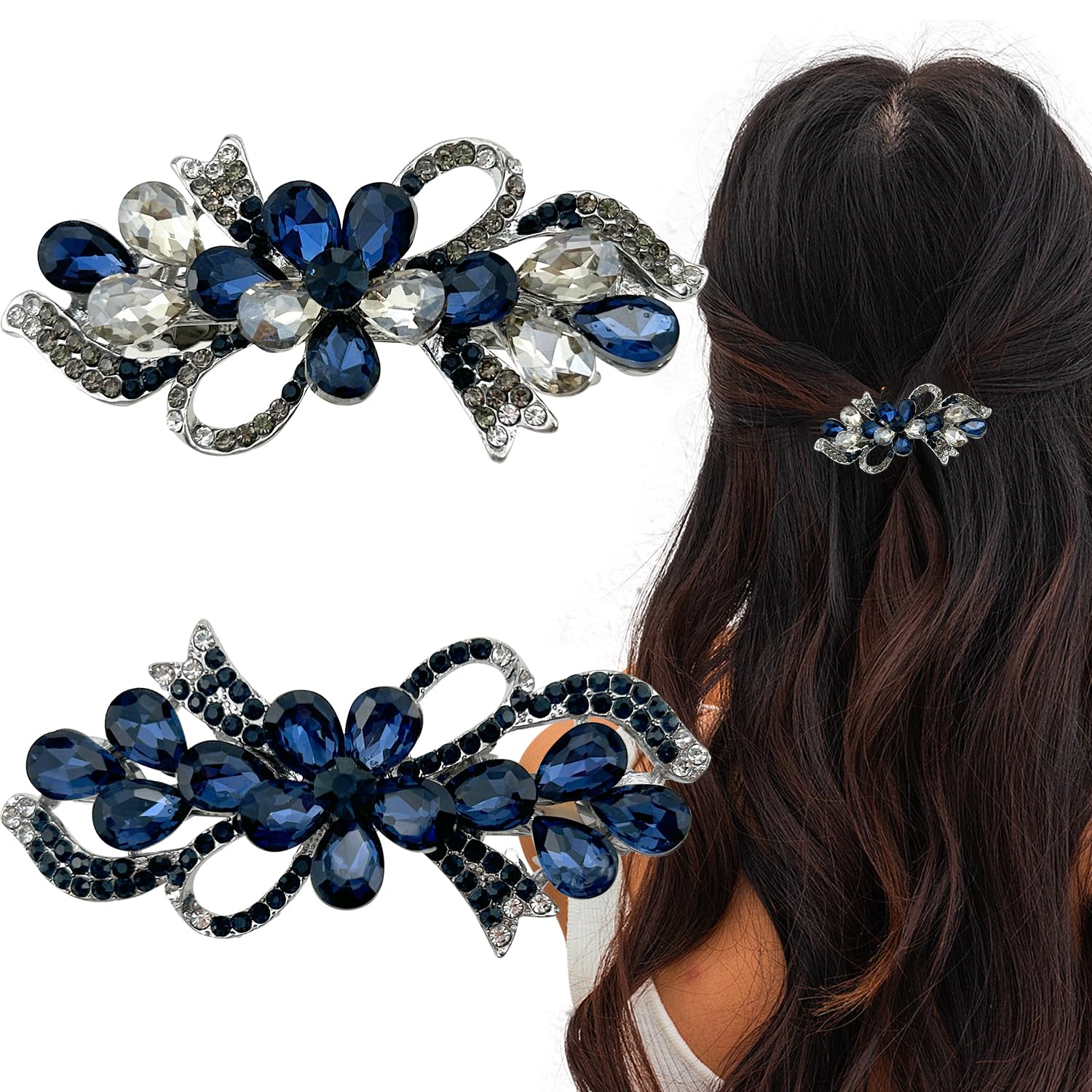 2Pcs Blue Vintage Flower Jewelry Design Hairpin,Rhinestone Flower Hair Clips Hair Barrette for Women and Girls French Style Hair clips Hair Accessories