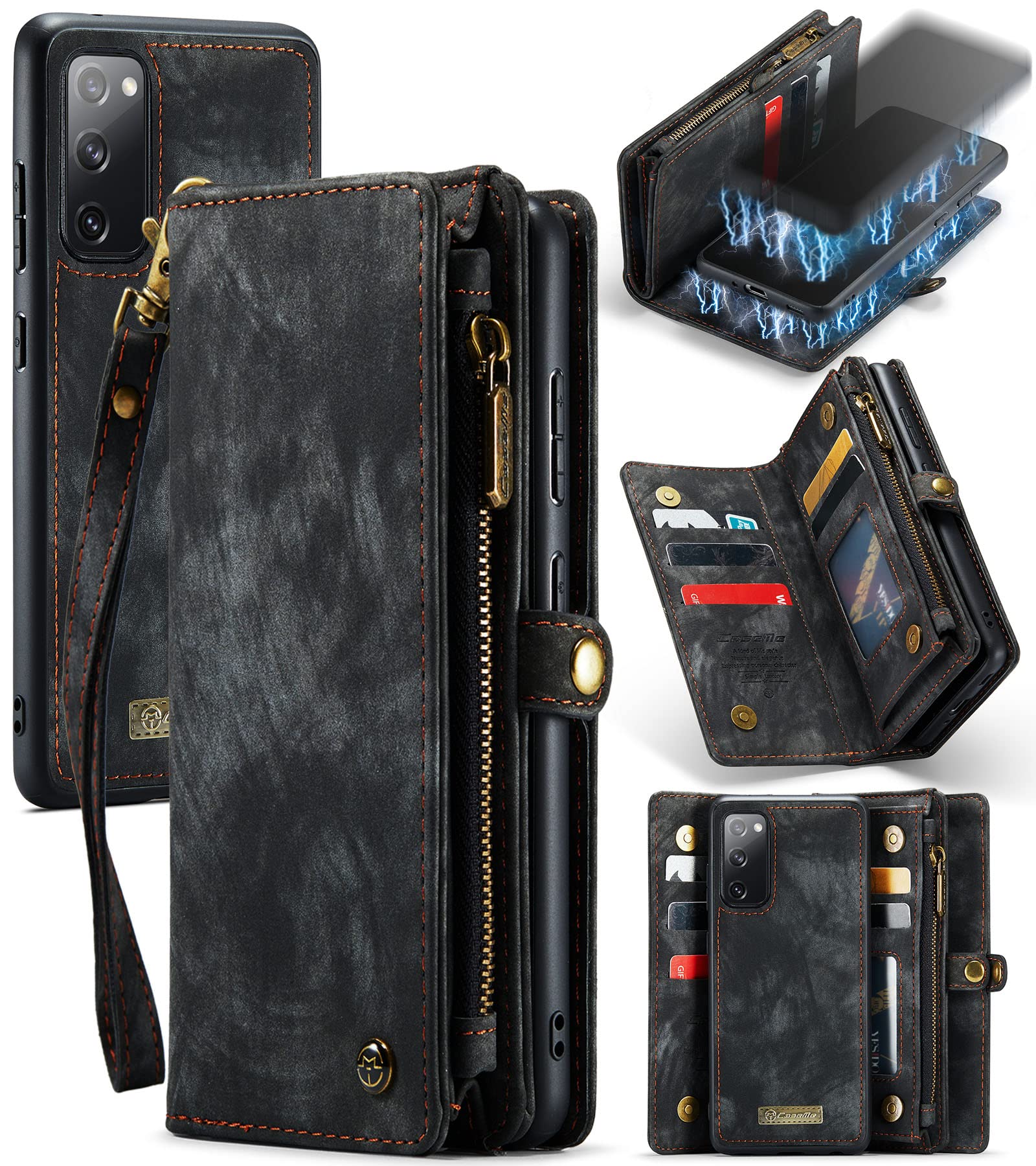 UFinetech Detachable Samsung Galaxy S20 FE Case Wallet Leather TPU Magnetic Flip Slot Card Holder Zipper Stylish 2020 Luxury 2-in-1 Multifunction Purse Holster Cover for Samsung Galaxy S20 FE 5G Black