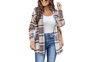 Oyamiki Women's Long Sleeve Flannel Plaid Wool Blend Coats Button Down Shirt Jacket Shackets