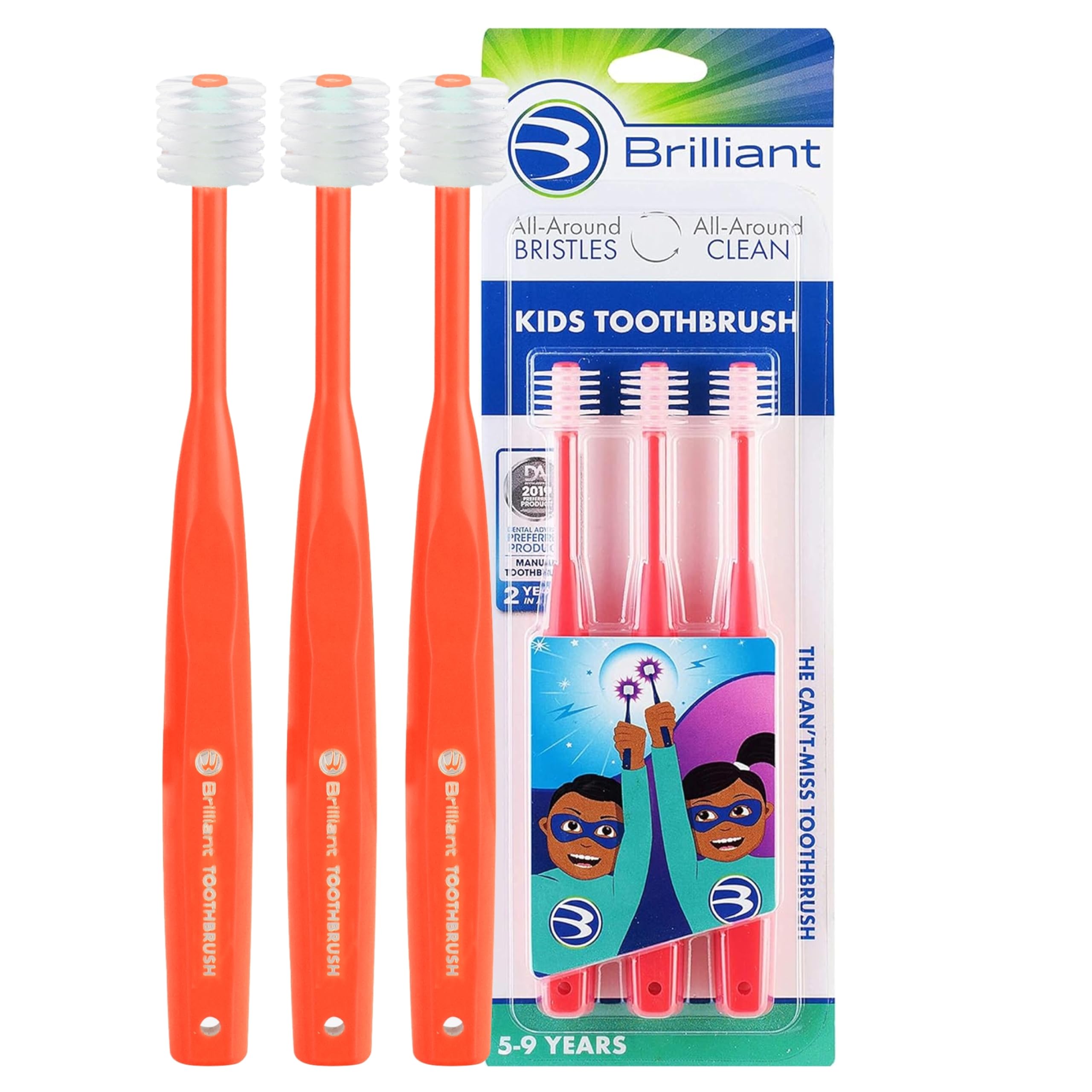 Brilliant Kids Toothbrush, For Ages 5-9 Years Old, For Girl or Boy, Use When Adult Teeth Arrive, Microfiber Bristles Clean Whole Mouth, Kids Toothbrushes Improve Tooth and Gum Health. Red, 3 Pack
