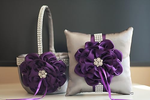 Amazon Com Plum Flower Girl Basket Gray Ring Bearer Pillow